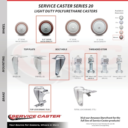 Service Caster 3.5 Inch Maroon Polyurethane Swivel 3/8 Inch Threaded Stem Caster with Brake SCC SCC-TS20S3514-PPUB-MRN-TLB-381615